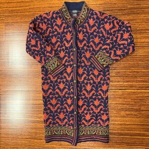 J. Peterman Long Chunky Cardigan Sweater Small Navy Red Wool Blend Vintage 90's